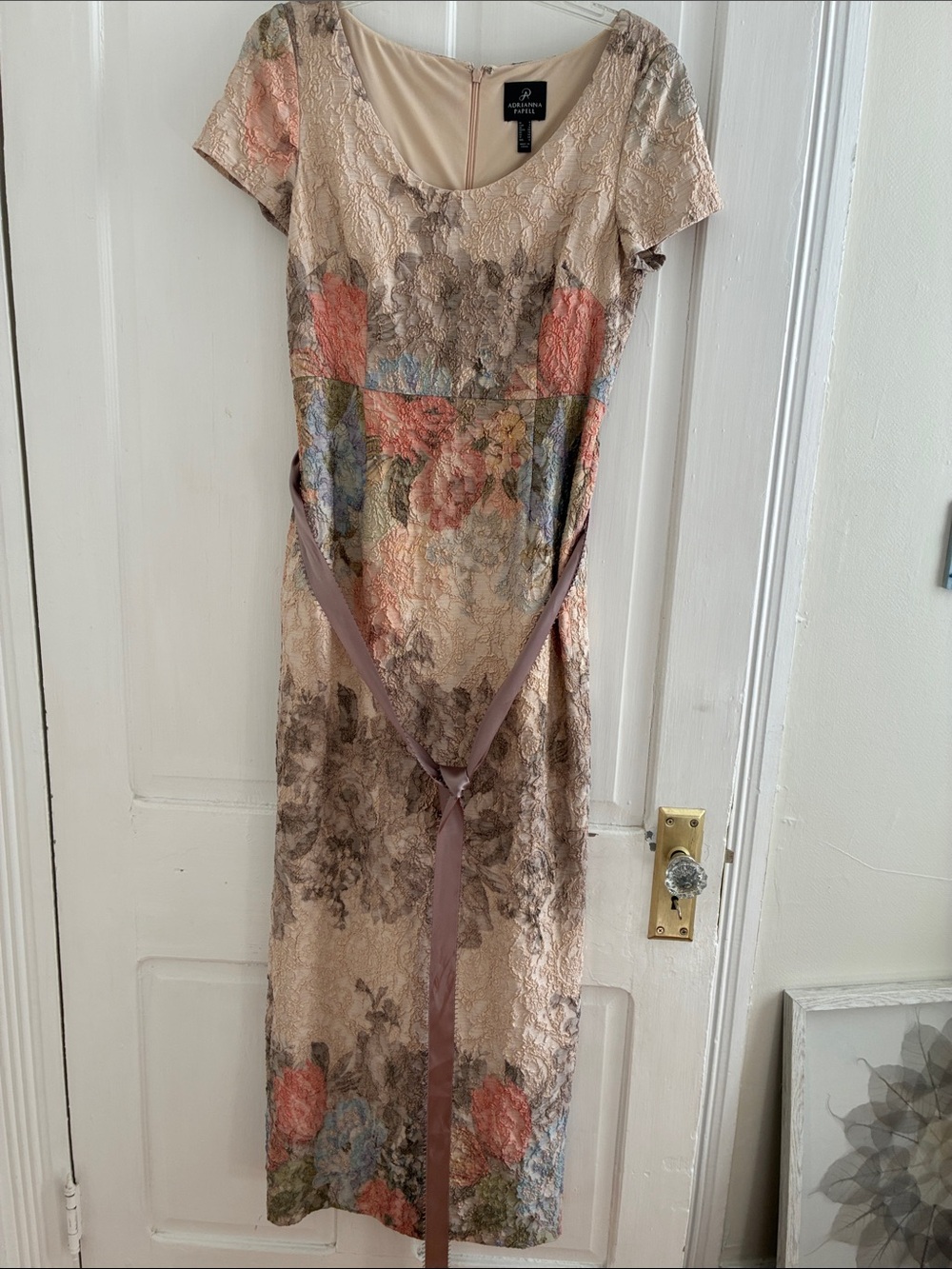 Adrianna Papell Beige Lace Maxi Dress with Coral and Blue Floral